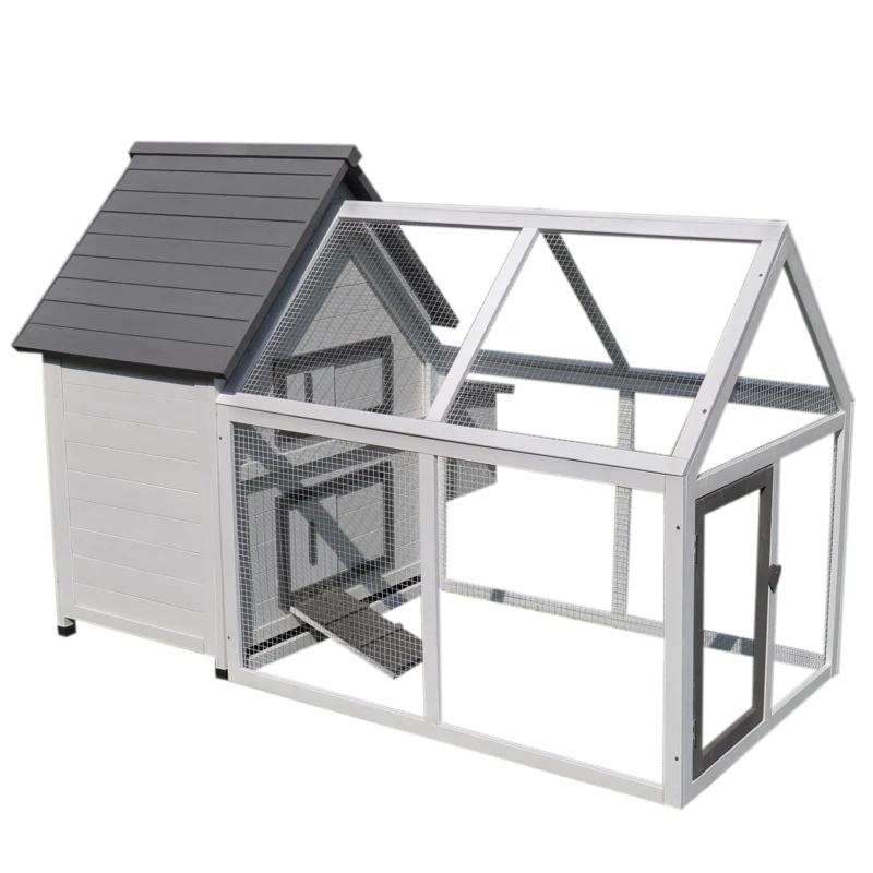 PawHut Galinheiro de Madeira para Exterior Gaiola para Galinhas de 2 Níveis 166x120x112cm com Cercado de Arame Caixa Ninho Bandeja Removível e Rampa Cinza e Branco