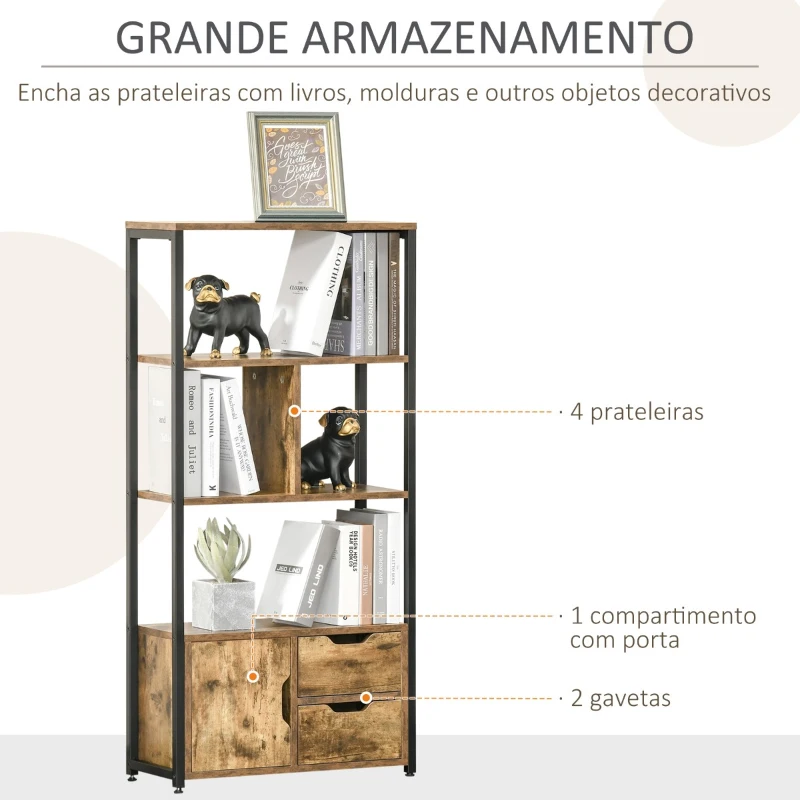 HOMCOM Estante para Livros com Armário e 2 Gavetas de Armazenamento Estante Estilo Industrial para Escritório Sala de Estar 58x24x122cm Marrom Rústico