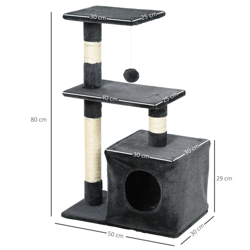 PawHut Arranhador para Gatos 50x30x81,5 cm Centro de Atividades para Gatos com Poste de Sisal Plataformas e Caverna Cinza