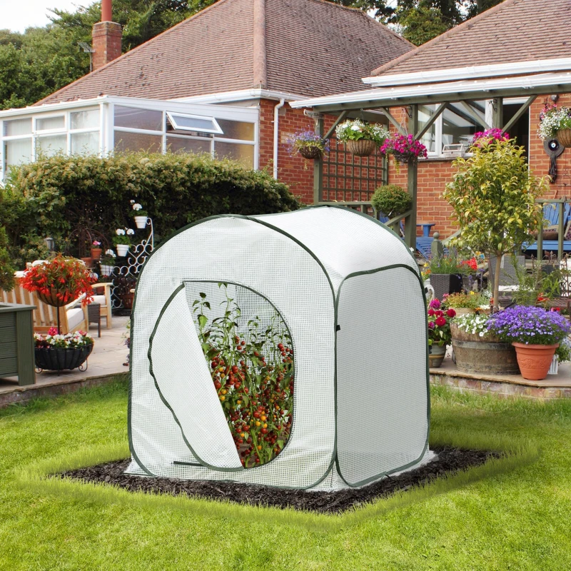 Outsunny Mini Estufa portátil auto-instalável para o cultivo de vegetais com porta e bolsa de transporte 90x90x110 cm Branco