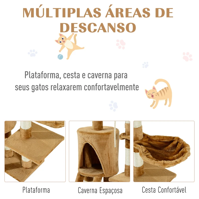 PawHut Árvore para gatos  com  Corda de Brincar Placa de Madeira e Revestido de Pêlo- Castanho - 30x55x96cm