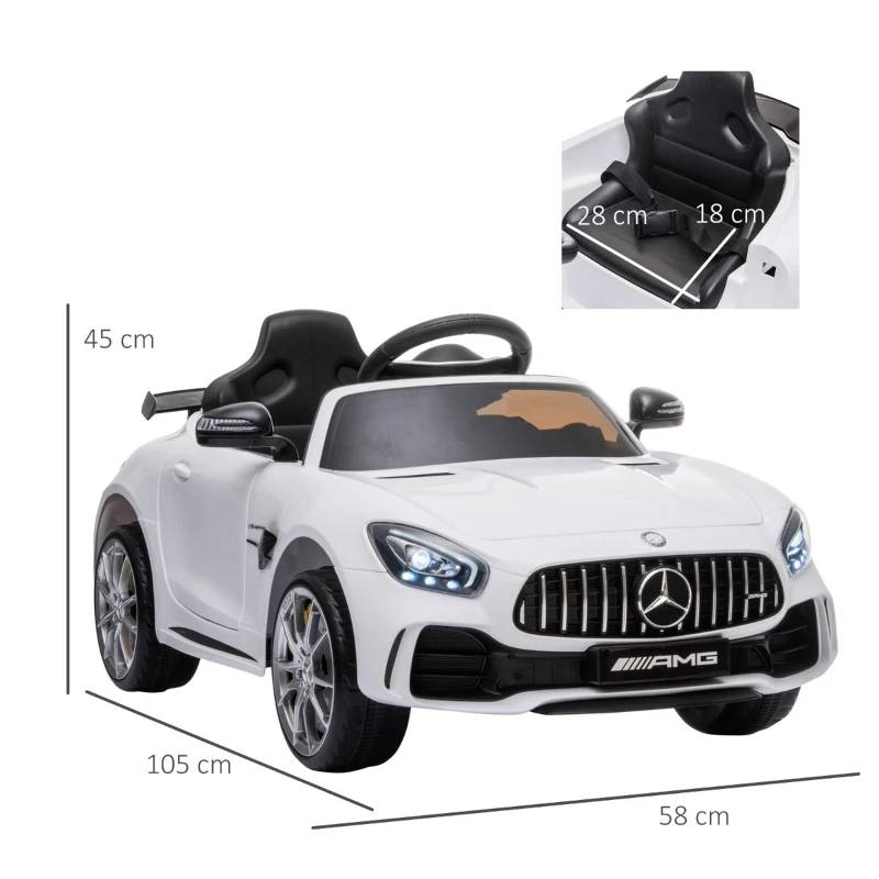 HOMCOM Carro elétrico infantil para 3-5 anos Mercedes GTR licenciado bateria de 12V com controle remoto Porta de abertura dupla Carga 25kg 105x58x45 cm Branco