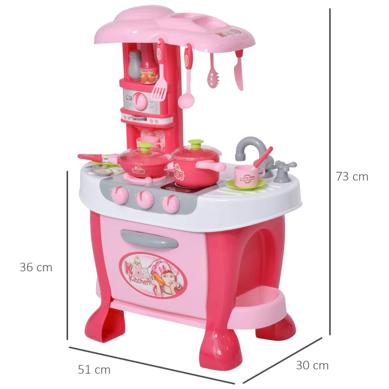 HOMCOM Conjunto de jogo de cozinha para crianças acima de 3 anos Brinquedo de jogos de papéis 38peças com função de luz e som  51 x 30 x 73 cm  rosa