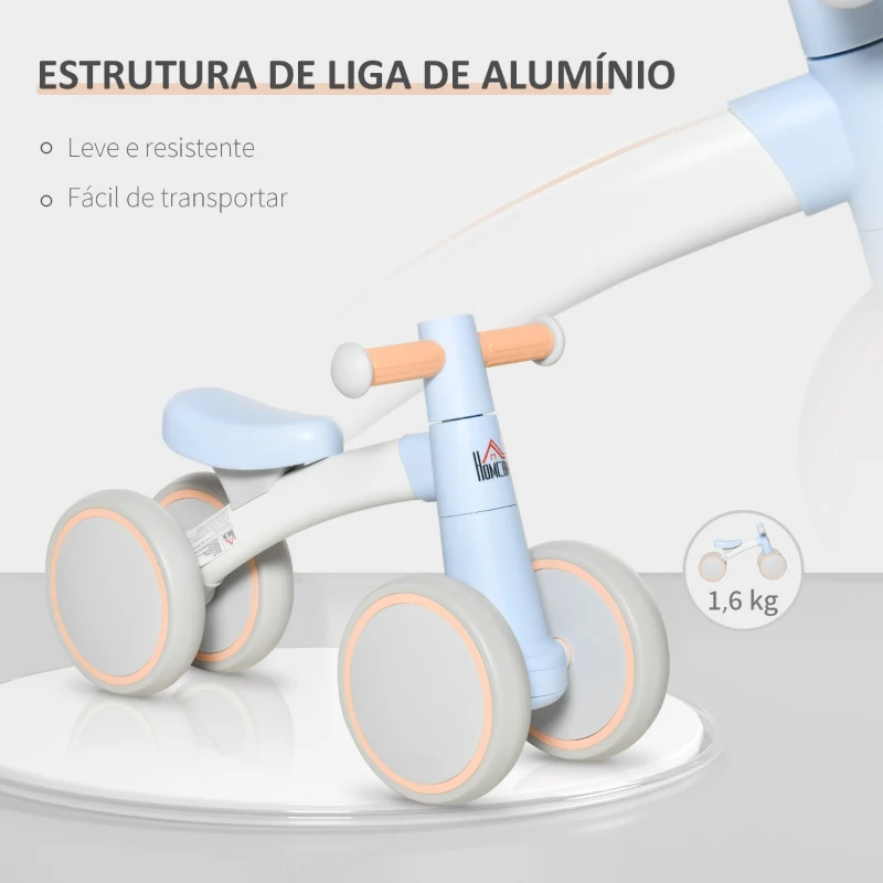 HOMCOM Bicicleta sem Pedais para Crianças de 1-3 Anos Bicicleta de Equilíbrio com 4 Rodas Leves Carro Andador Infantil 60x24x37cm Carga 20kg Azul