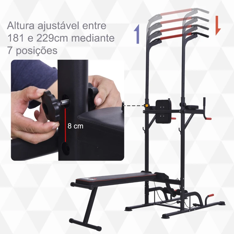 HOMCOM Estação de Musculação Multifuncional Torre de Treinamento com Altura Ajustável com Banco Dobrável Barra de Elevação para Fitness 220x98x181-229cm Preto