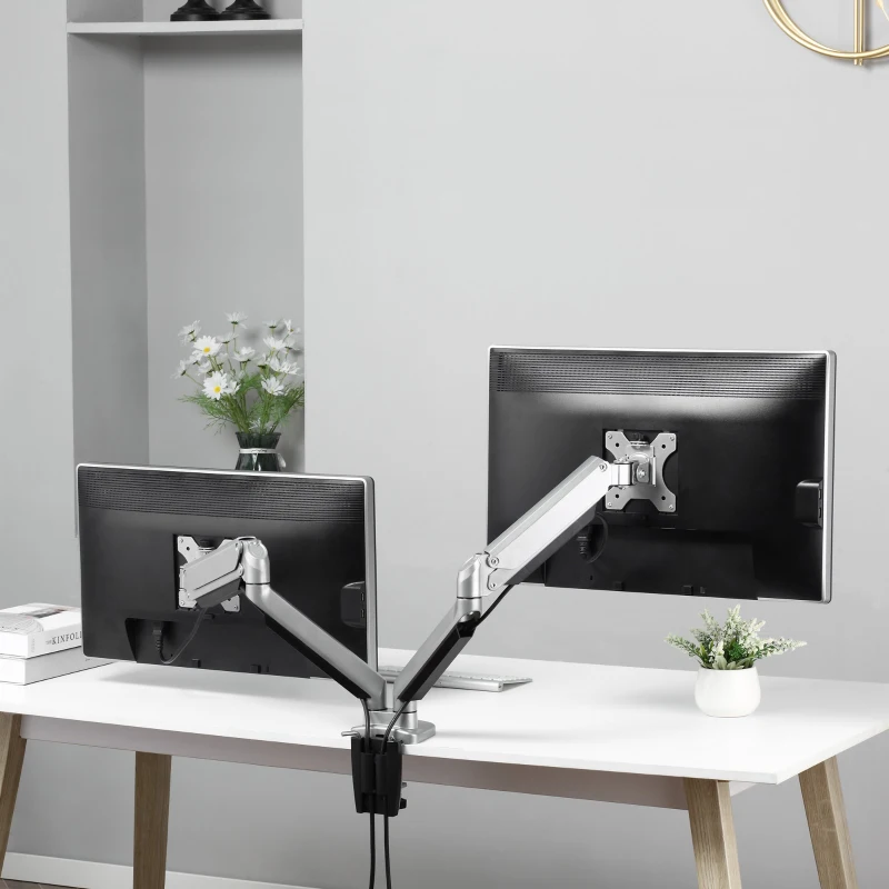Vinsetto Suporte para Monitor Duplo para Telas LED LCD de 13"-32" Polegadas VESA 75/100mm com Braçadeira Ajustável Giratório 360° e 2 Opções de Montagem 93x11x47cm Prata