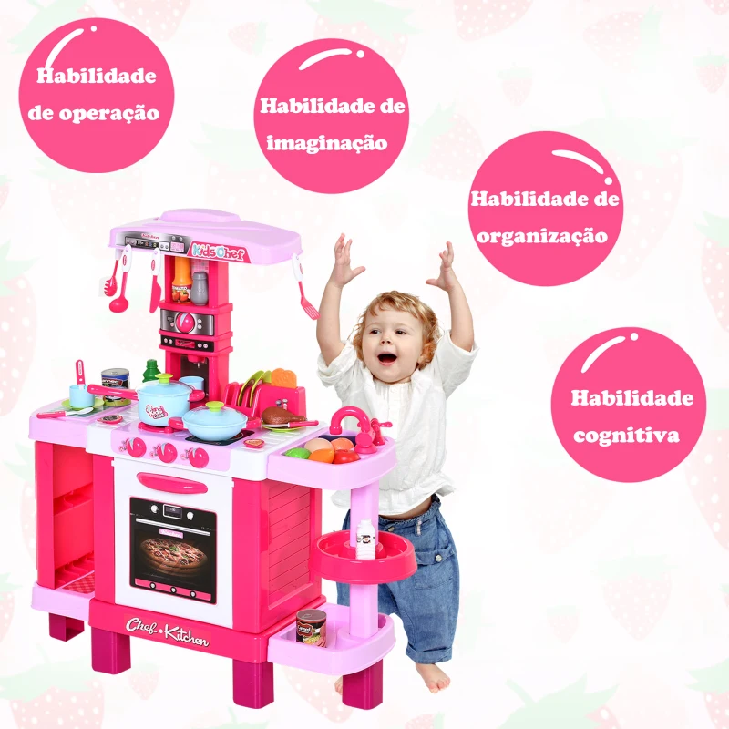 HOMCOM Cozinha para Crianças acima de 3 Anos Cozinha Infantil com 38 Acessórios Luz Som 78x29x87 cm Rosa