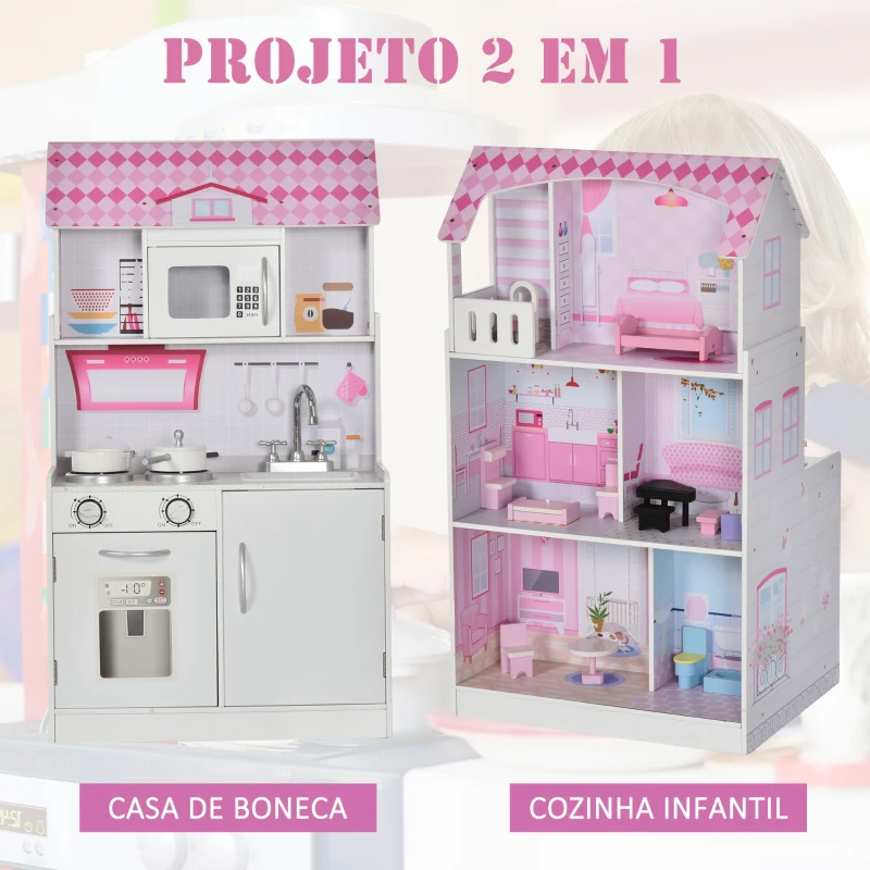 HOMCOM  2 em 1 binquedo de cozinha Casa de bonecas 3 andares com 12 acessórios incluidos para crianças acima de 3 anos  60x 48x 106 cm rosa