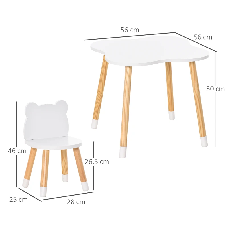 HOMCOM Conjunto Infantil de Mesa e 2 Cadeiras de Madeira Móveis Infantil para Sala de Jogos Dormitório de Crianças Mesa 56x56x50cm e Cadeira 28x25x46cm Branco