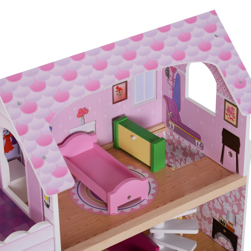 HOMCOM Casa de Bonecas com 13 peças Móveis Mobiliário Casita de Bonecas de Brincar Madeira 3 Pisos 60x30x71.5cm