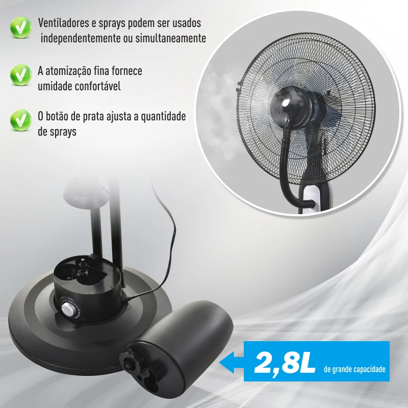 HOMCOM Ventoinha de Pé com Nebulizador Oscilante 3 Velocidades e 5 Lâminas Potência 90W Depósito 2,8L  Ø44,5x120cm Preto