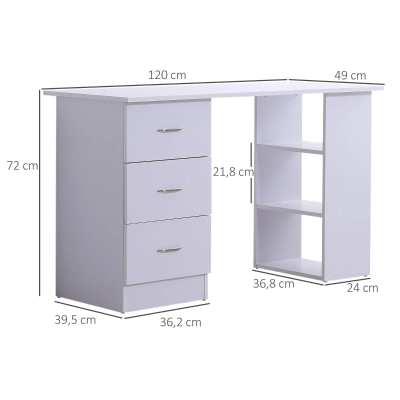 HOMCOM Mesa de Computador de Mesa para Casa Escritório 3 Gavetas 3 Prateleiras Móveis de Escritório 120x49x72 cm