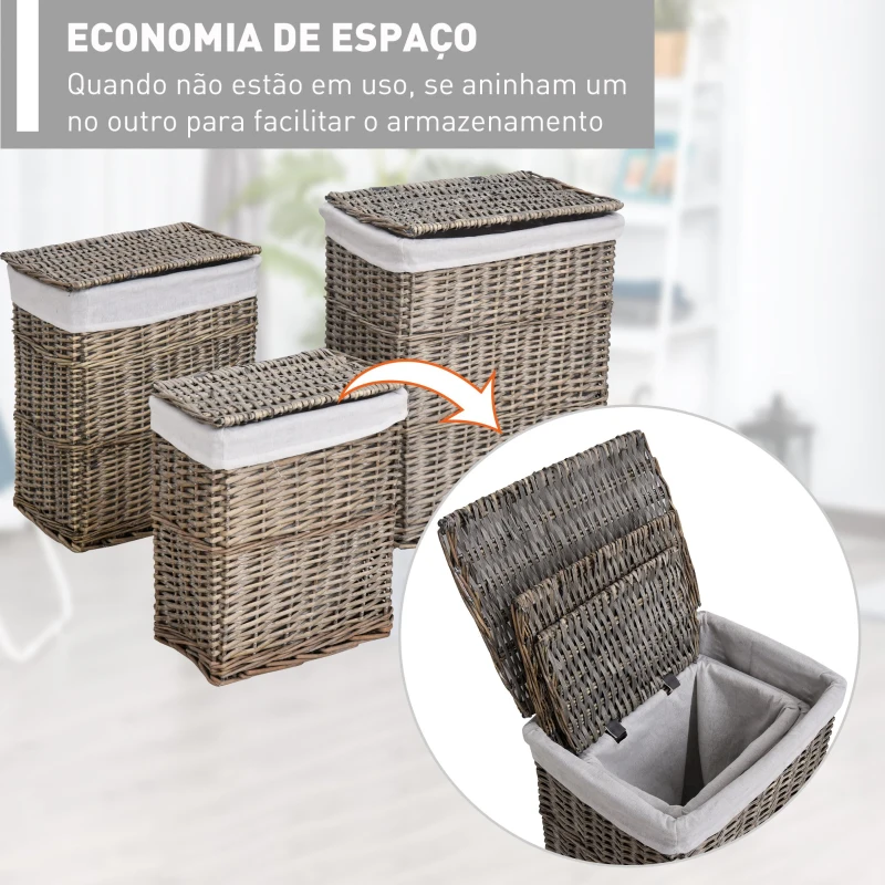 HOMCOM Conjunto de 3 cestas para roupas sujas empilhadas com forros removíveis de vime grosso cinzento