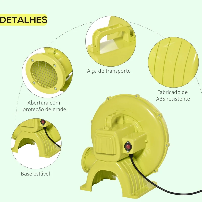 Outsunny Insuflador Elétrico de 450W para Castelo Inflável Ventilador de Ar Industrial para Brinquedos Infláveis 35x26x33,5cm Amarelo e Verde