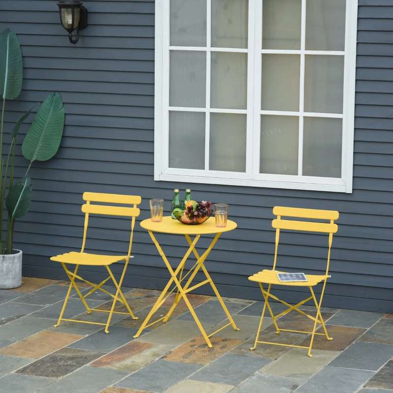Outsunny Conjunto de móveis de jardim dobrável de 3 peças Mesa de metal e 2 cadeiras  Ø60x71 cm amarelo