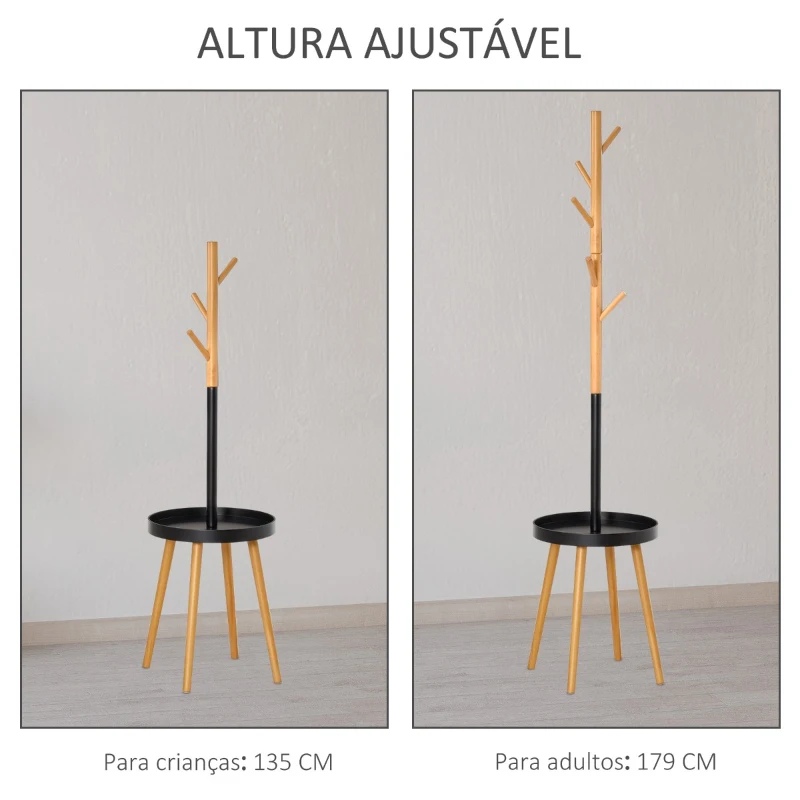 HOMCOM Cabide de Pé com Mesinha Auxiliar Redonda e 5 Ganchos com Altura Ajustável para Casacos Chapéus Bolsos Entrada 40x40x179cm Madeira Natural Preto