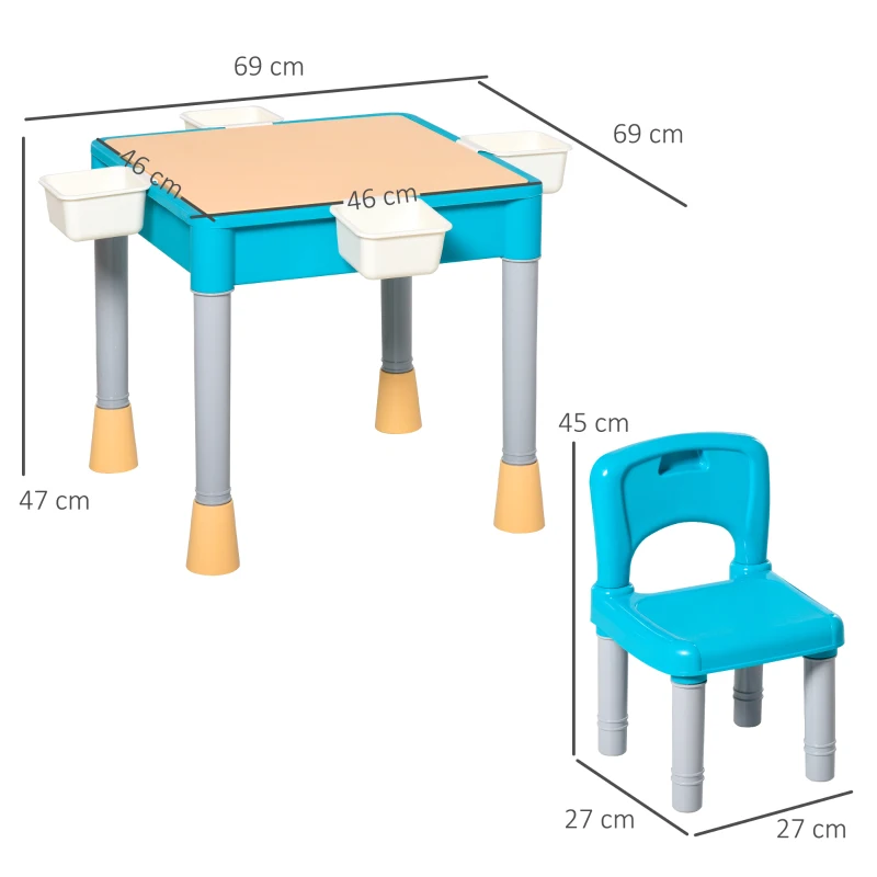 HOMCOM Conjunto de mesa e 2 cadeiras para crianças com 135 blocos de construção Mesa Útil para desenhar e jantar com grande espaço de armazenamento 69x69x47 cm Multicolor