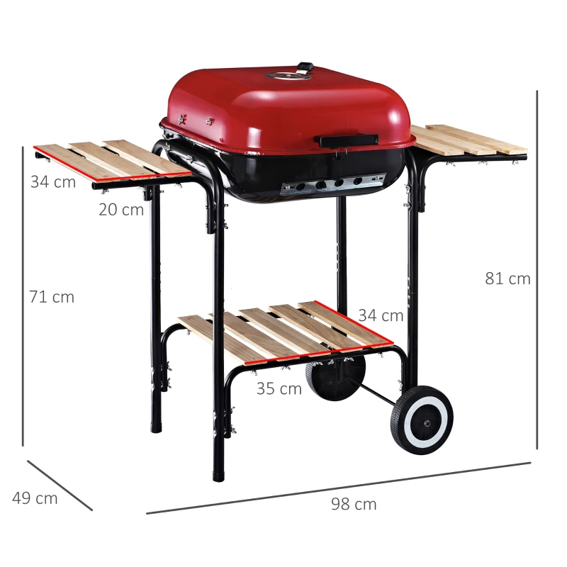 Outsunny Barbecue a Carvão com Prateleiras de Madeira e Rodas Barbecue e Carvão para Campismo Pátio 98x49x81 cm Preto e Vermelho