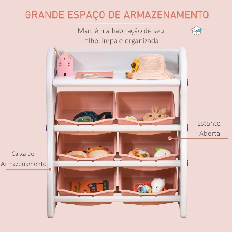 HOMCOM Organizador de Brinquedos para Crianças com 6 Caixas para quarto Sala de Jogos Creche 76x36x92cm Coral e Branco