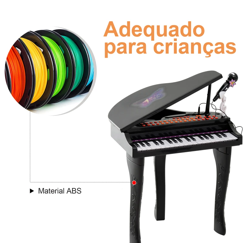 HOMCOM Piano para Crianças com 37 Teclas Microfone Banco Luzes 22 Músicas e Entrada para MP3 e USB 48x39x69 cm Preto