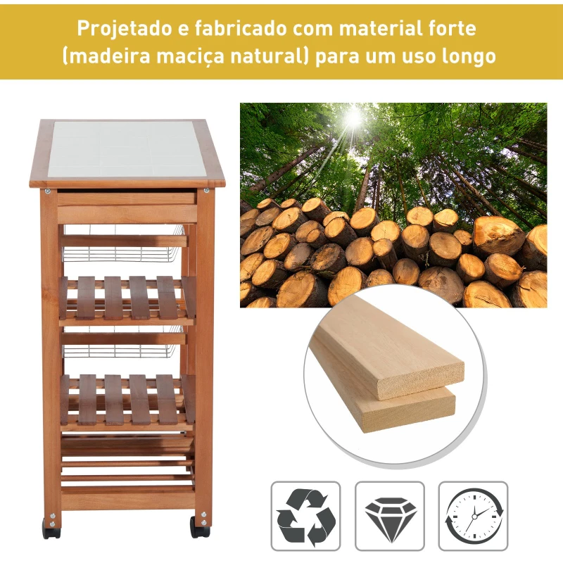 HOMCOM Carrinho de Cozinha Multifuncional Carrinho Auxiliar de Madeira com Grande Espaço de Armazenamento Gavetas Cestas Prateleiras 4 Rodas 74x37x76 cm Madeira