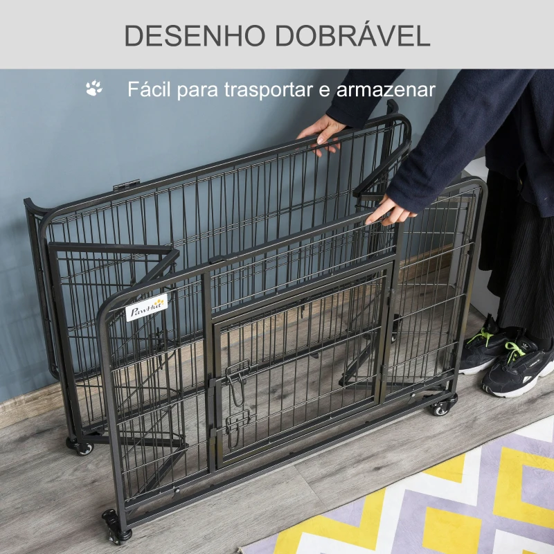 PawHut Gaiola dobrável de metal com rodas e freios Bandeja  removível e porta com travas125x76x81 cm Cinza escuro