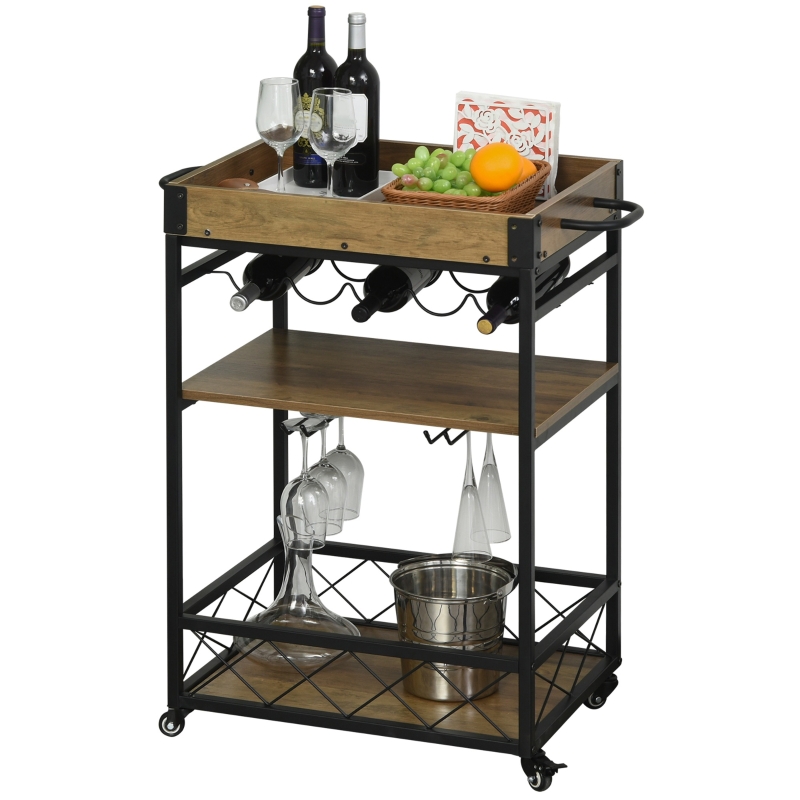 HOMCOM Carrinho de cozinha multifuncional com 3 prateleiras 77x44,5x91 cm Madeira rústica