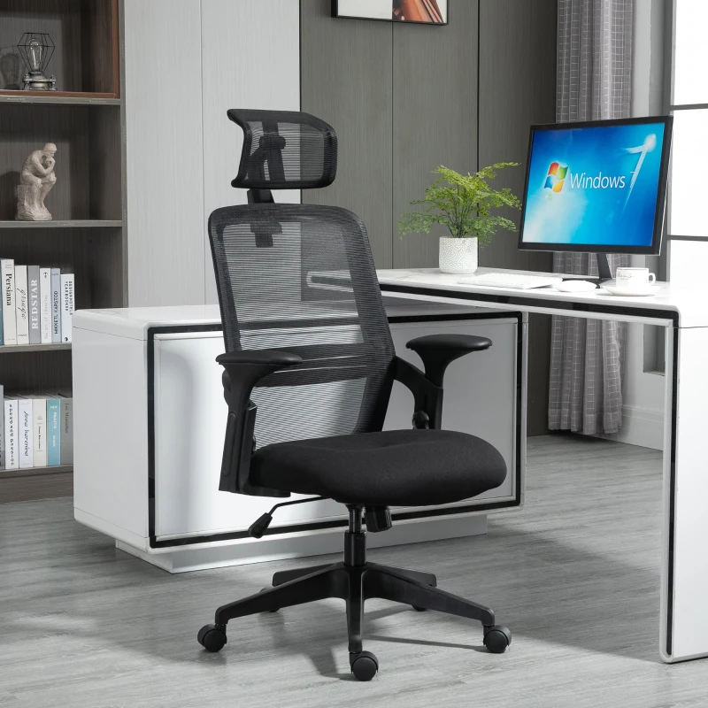 Vinsetto Cadeira de Escritório Ergonômica Cadeira de Escritório Giratória com Altura Ajustável Apoio para a Cabeça Suporte Lombar Reguláveis e Encosto Transpirável 63,5x64,5x113-122cm Preto