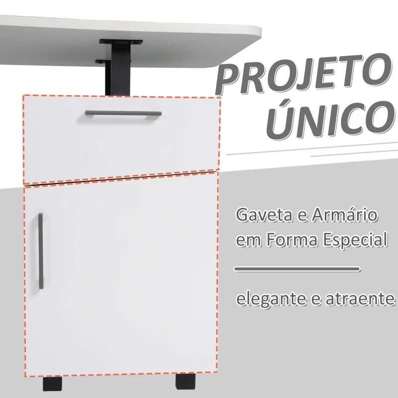 HOMCOM Secretária para escritório com gaveta e armário com prateleira ajustável Mesa multifuncional para computador com borda redonda 150x60x76 cm Branco