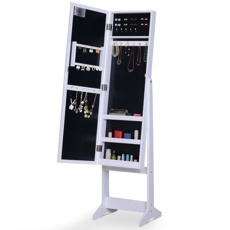 HOMCOM Guarda-Joias de Pé, com Espelho, Armário para Joias 16 Luzes LED Reclinável 36x30x136cm Branco