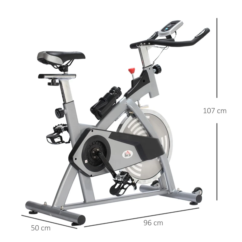 HOMCOM Bicicleta Estática de Exercícios com Guidão Assento e Resistência Ajustáveis com Tela LCD e Pulsômetro para Exercícios em Casa Carga 110 kg 96x50x107cm Prata