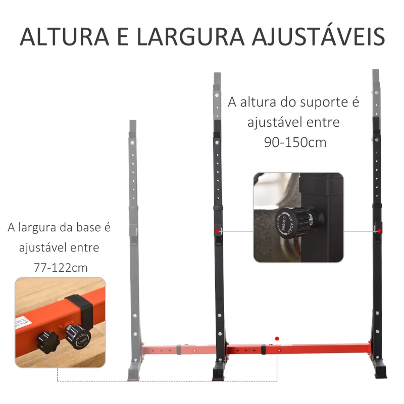 HOMCOM Suporte Ajustável para Barras de Peso Suporte Multifuncional para Exercício em Casa academia Carga 150kg Altura Ajustável 121-171cm Preto e Vermelho