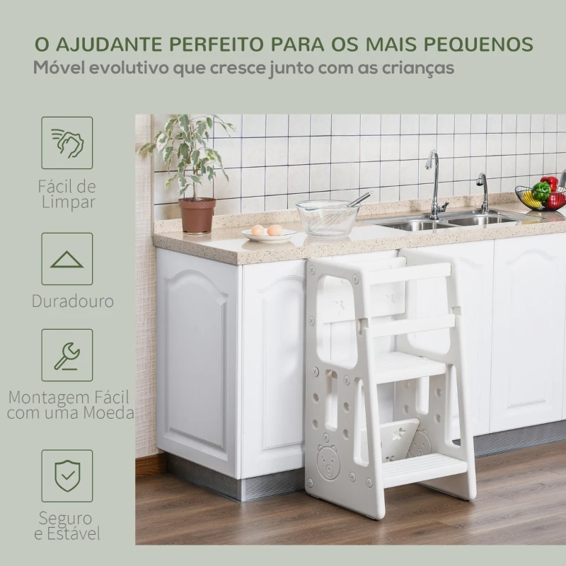 HOMCOM Torre de Aprendizagem para Crianças Banco Infantil com Altura Ajustável em 3 Posições e Plataforma Antiderrapante para Cozinha Sala de Jantar Casa de Banho 47x47x90cm Branco