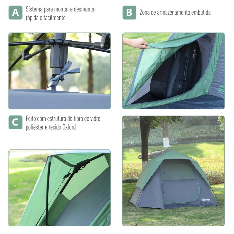 Outsunny Tenda Campismo para 2-3 Pessoas Fácil de Instalar com Gancho para Luz 250x194x160cm Verde
