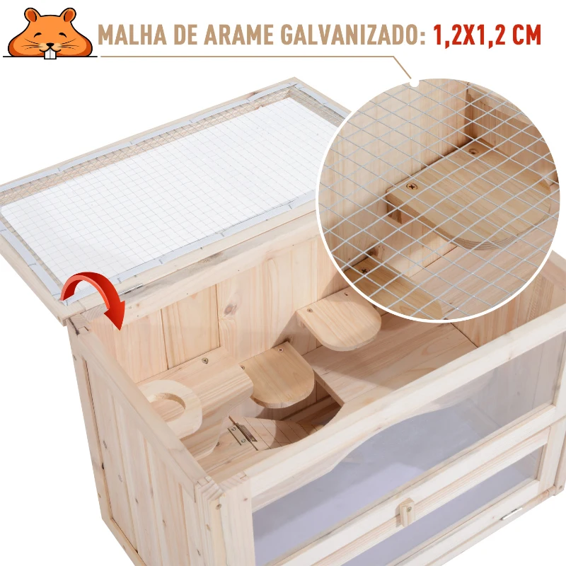 PawHut Gaiola de madeira para hamsters e outros pequenos roedores Casa para animais de 2 níveis 60x35x42cm
