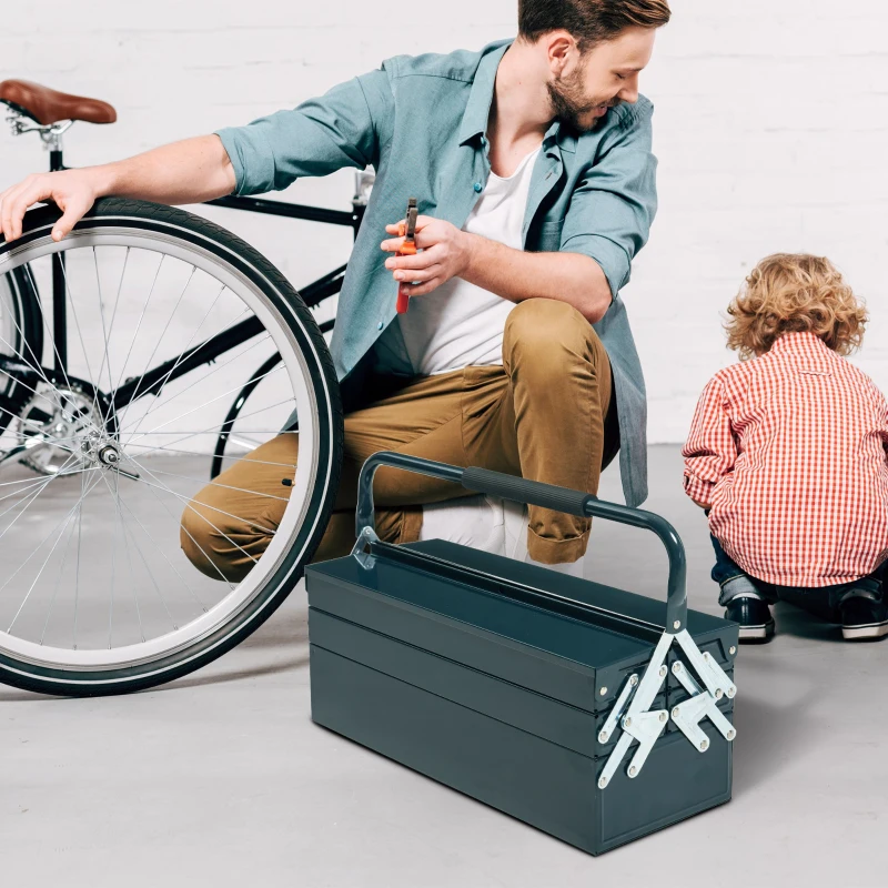 DURHAND Caixa de Ferramentas portátil Dobrável de Aço com 5 compartimentos com Alça de Transporte para oficina 57x21x41cm Verde