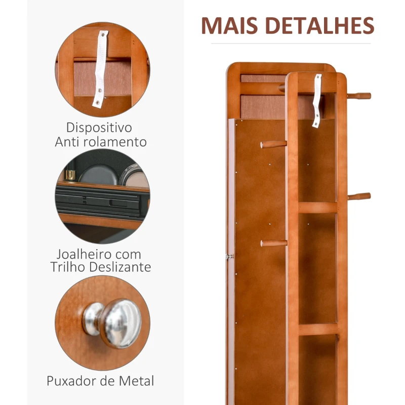HOMCOM Armário Joalheiro Giratório com Espelho de Corpo Inteiro e Cabide 3 em 1 Organizador de Jóias Oculto com Prateleiras Ganchos e Base Redonda Madeira Ø50x169cm Nogueira