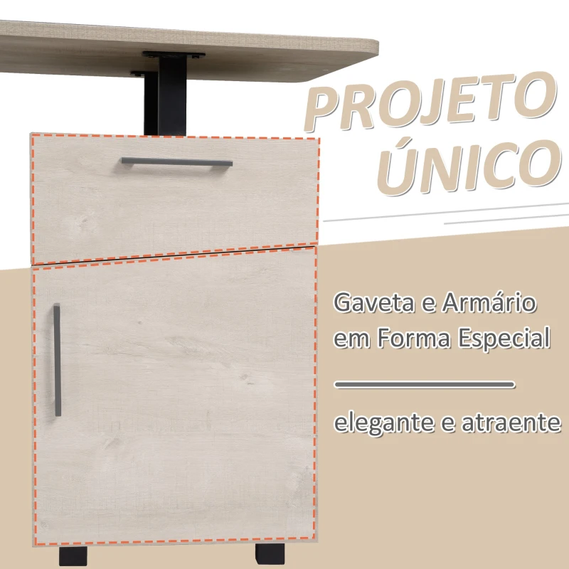 HOMCOM  Mesa de escritório com gaveta e armário com prateleira ajustável Mesa multifuncional para computador com borda redonda 150x60x76 cm Madeira natural