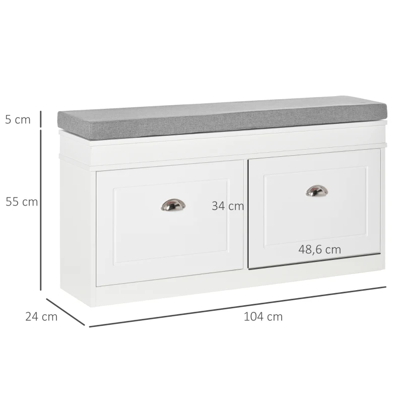 HOMCOM Banco Sapateira com Armazenamento para 8 Pares de Sapatos com 2 Gavetas Prateleiras Ajustáveis e Almofada 104x24x55cm Branco
