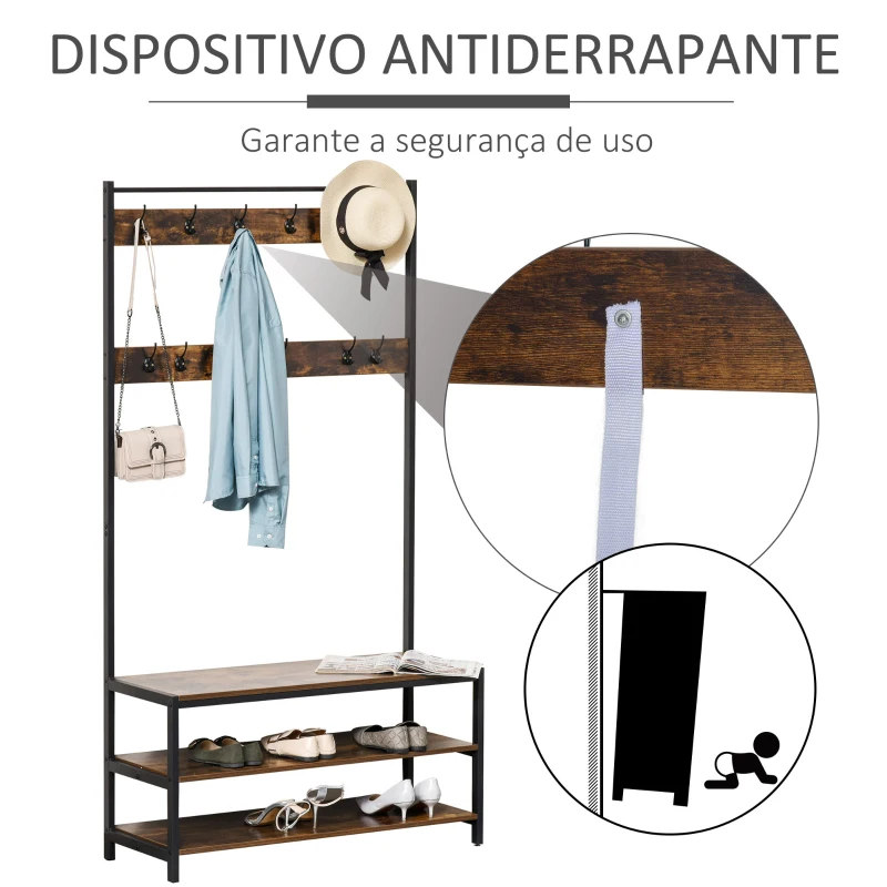 HOMCOM Cabide com sapateira Cabide com 12 ganchos Banco estilo industrial com 3 prateleiras Estrutura metálica 100x40x184 cm Castanho Rústico e Preto