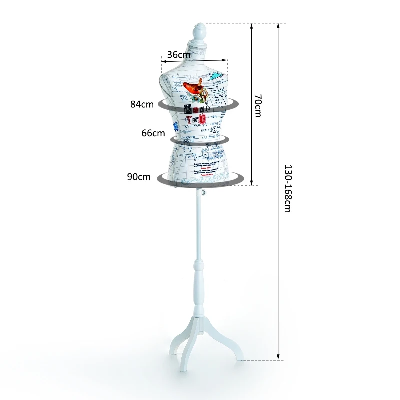 HOMCOM Manequim Feminino de Costura Busto de Senhora Altura Ajustável a 130-168cm Branco e multicolorido
