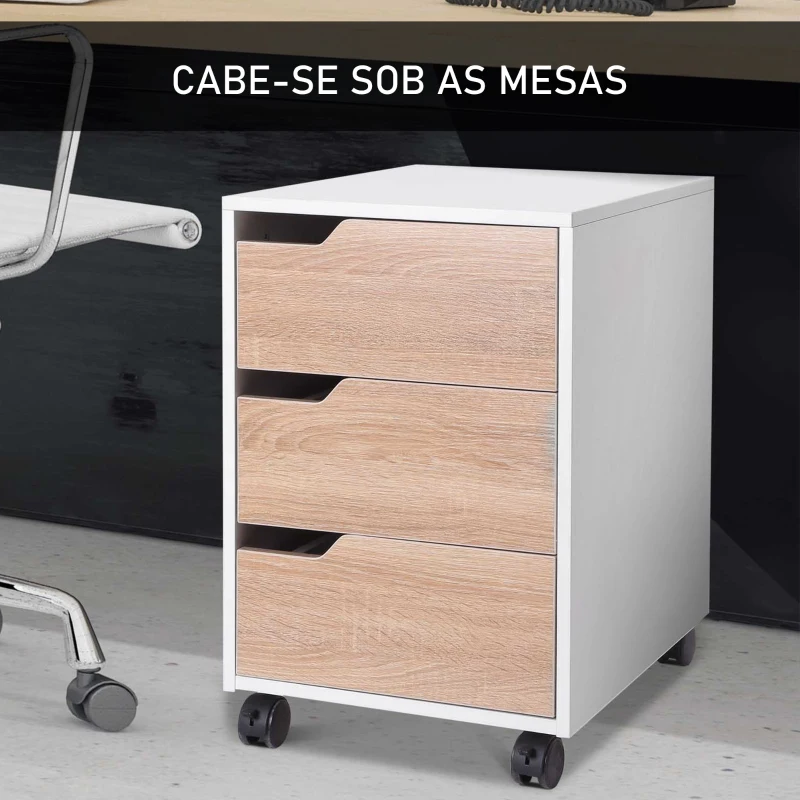 HOMCOM Bloco de Gavetas para Escritório Móvel de Escritório Bloco de Gavetas com 3 Gavetas e 4 Rodas 40x50x57,5 cm Madeira e Branco