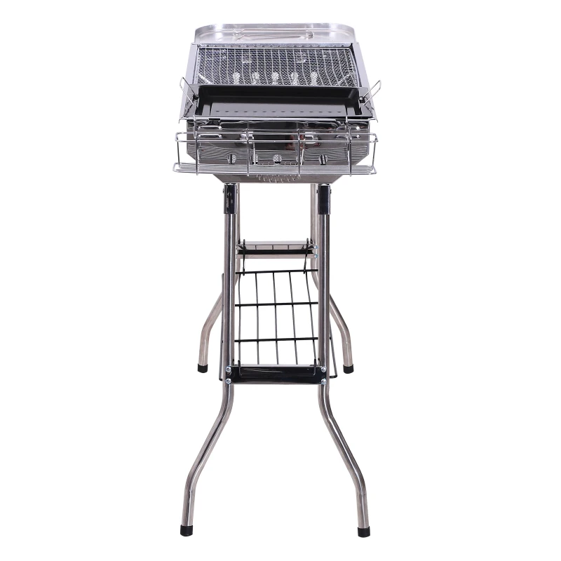 Outsunny Barbecue a Carvão Portátil Dobrável com Prateleiras de Armazenamento para Jardim Exterior Campismo 104x33x70 cm Prata