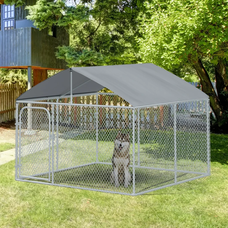 PawHut Canil de Exterior com Toldo Gaiola para Animais de Estimação de Metal Galvanizado com Fechadura para Jardim Pátio 230x230x172cm Prata