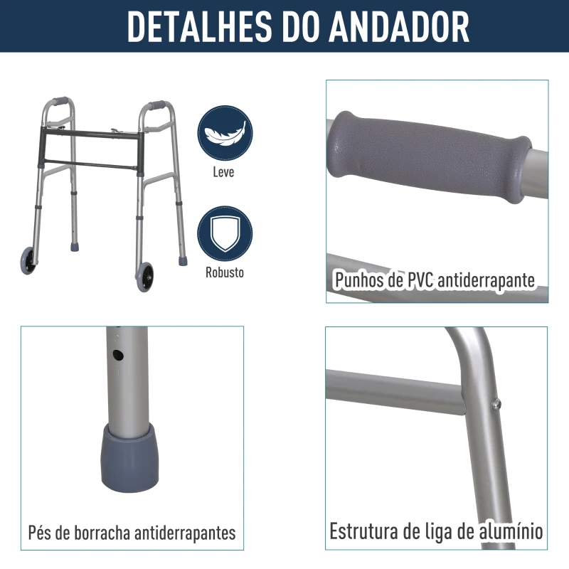 HOMCOM Andador dobrável com rodas de 5 polegadas para pessoas com mo comilidade reduzida altura ajustável e estrutura em liga de alumínio antiderrapante 64 x 50 x 77-95 cm