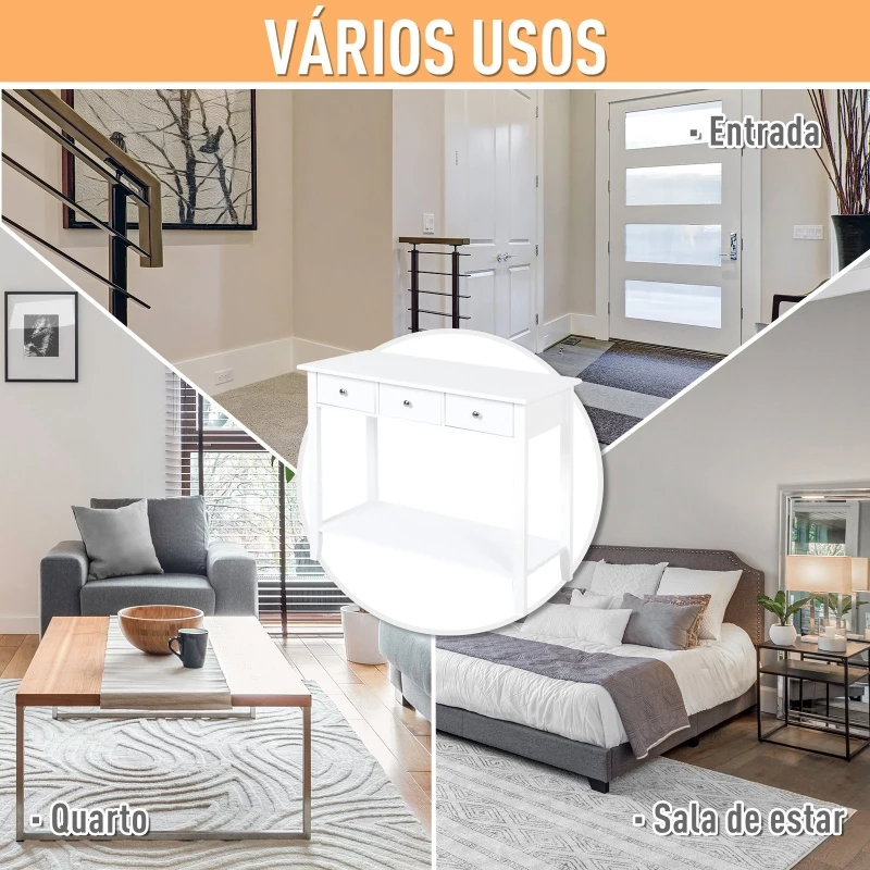 HOMCOM Mesa consola tipo aparador para corredor com 3 gavetas e 1 prateleira 90x40x75cm Branco
