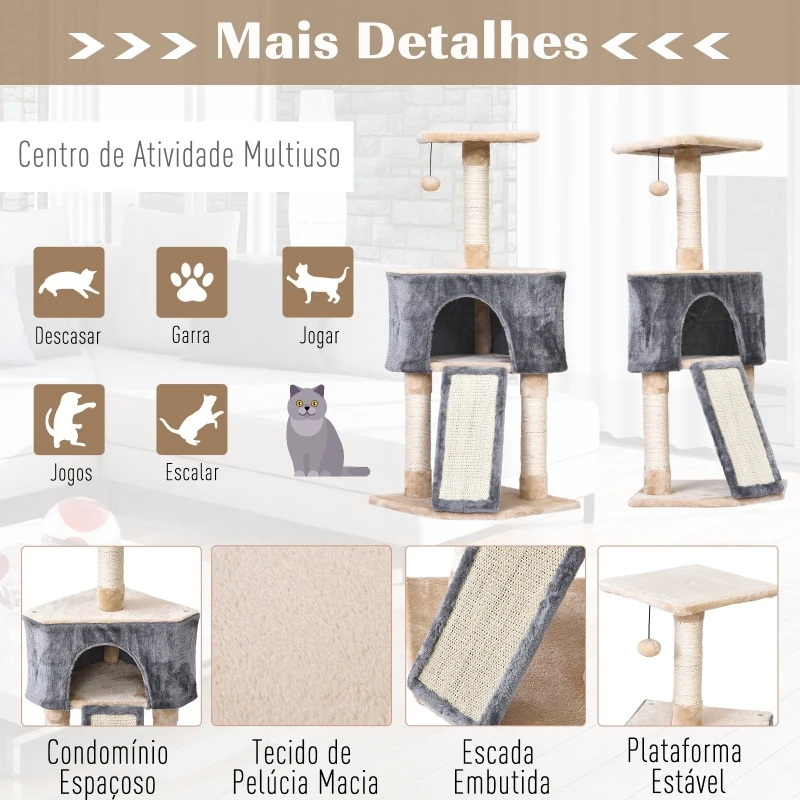 PawHut Árvore Raspador para Gatos Caverna Brinquedo Suspenso e Rampa 40x40x98 cm
