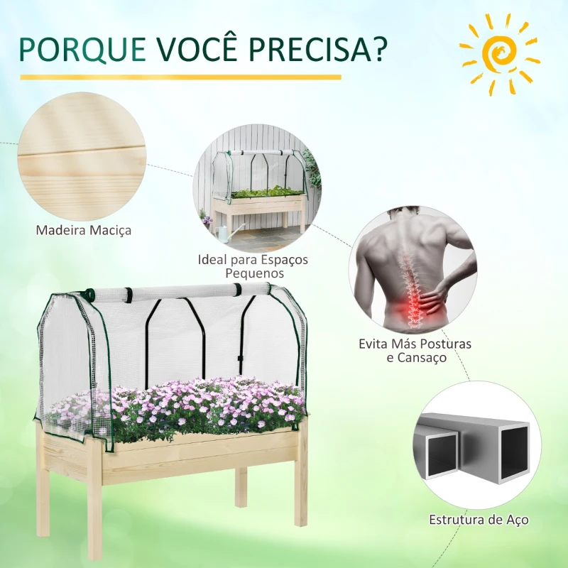 Outsunny Horta Vertical Elevada de Madeira 121x55x117cm com Cobertura de Proteção Mesa de Jardinagem para Cultivo de Flores Vegetais e, Jardim Terraço Madeira Natural