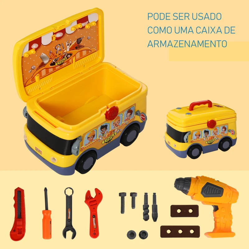 HOMCOM Conjunto de ferramentas para crianças acima de 3 anos Ônibus elétrico de 24 peças com ferramentas realistas controle remoto 40,2  x 22,8  x 28,8 cm amarelo