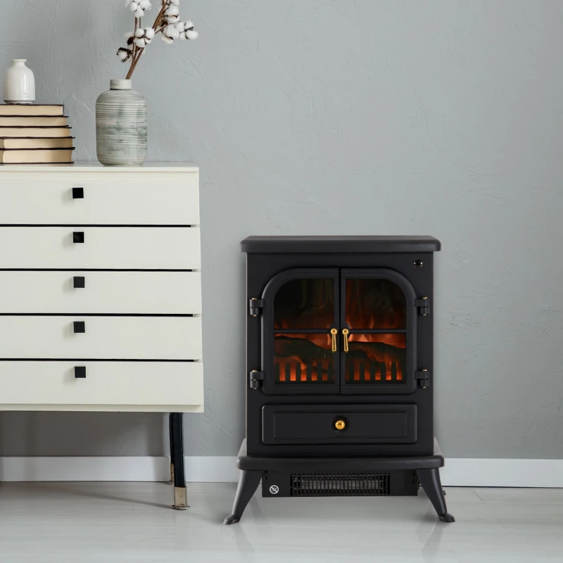 HOMCOM Lareira Elétrica Vidro de Ferro Preto, 42,5 x 28 x 54 cm